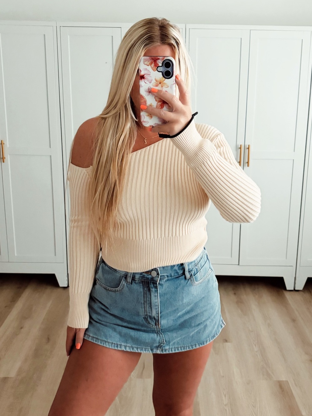 Beige off the shoulder cut out cropped sweater